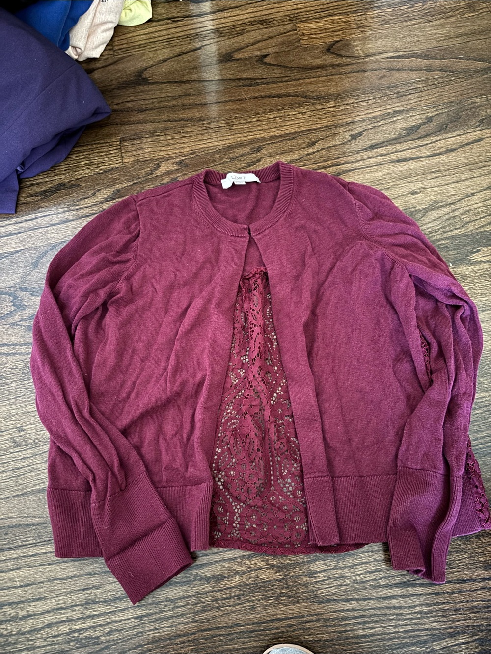 LOFT Maroon Lace-Back Sweater Cardigan